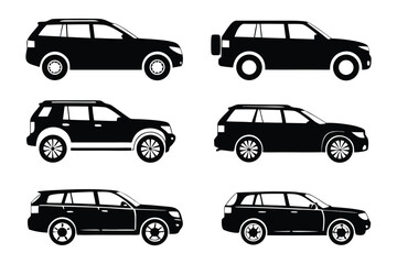 Silhouettes of Versatile Terrain Vehicles: A collection of meticulously crafted black SUV silhouettes showcase the sleek lines and robust features, perfect for illustrating automotive concepts. 