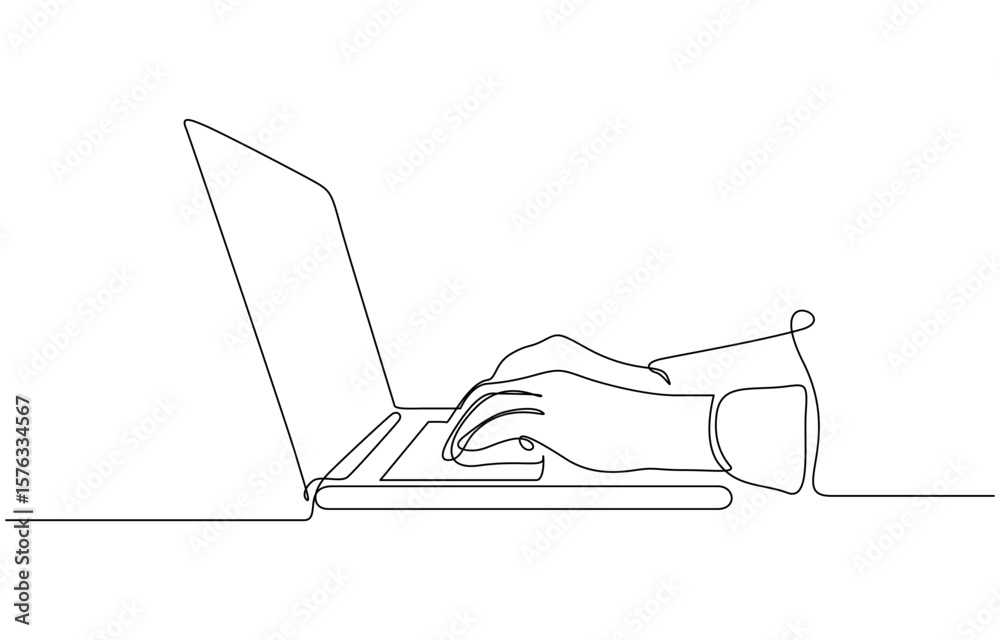 Fototapete laptop computer, human hands brush typing text on the keyboard. working at the computer, single line