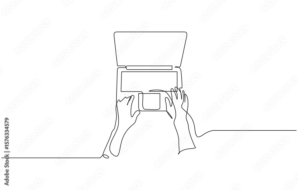 Fototapete Laptop computer, human hands brush typing text on the keyboard. Working at the computer, Single line drawing illustration of Typing on keybord. Working by using laptop concept vector art.