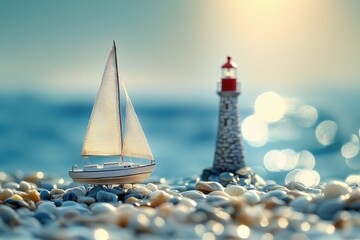 Miniature sailboat near a lighthouse on a pebble beach at sunset, peaceful scene.