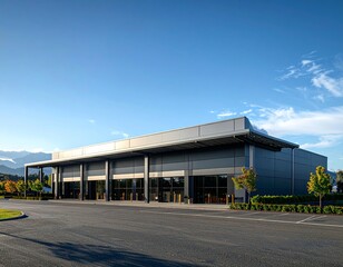 Modern supermarket building exterior against blue sky. Inviting facade