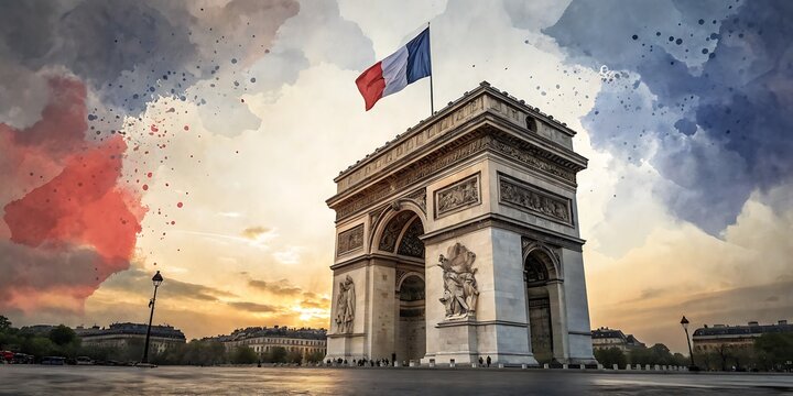 The arc de triomphe in paris with french flag and watercolor splash effect at sunset