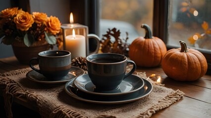 Cozy Autumn Table Decor with Pumpkins, Candles, and Coffee Cup