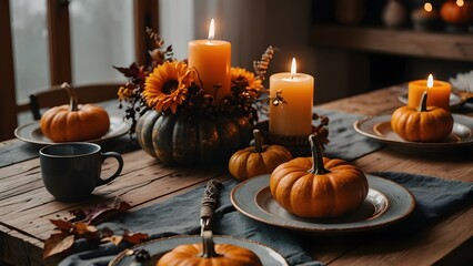 Naklejka premium Cozy Autumn Table Decor with Pumpkins, Candles, and Coffee Cup