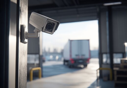 Security Camera in Warehouse with Trucks Outside in Bright Natural Light