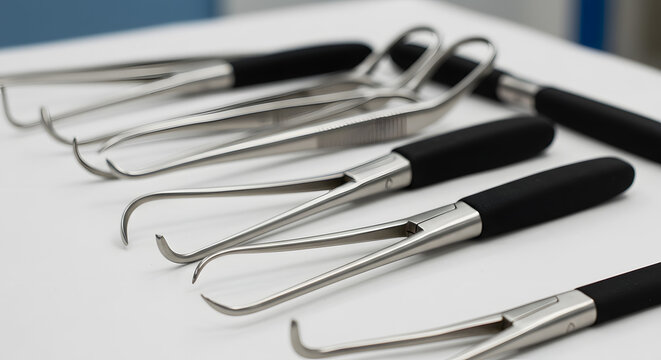 Set of Surgical Retractors with Padded Handles on White Surface PNG
