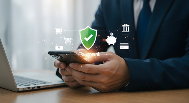 smartphone for secure online payment with digital icons 