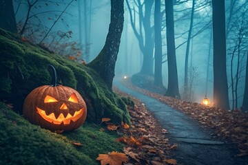 Spooky jack o lantern glowing on a mossy hillside in a foggy forest with lanterns lighting a path
