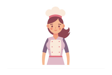 Chef's Pride: A friendly female chef stands confidently, embodying culinary expertise, in this charming, flat illustration. It's a delightful representation of the culinary world.