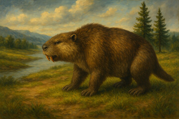 Naklejka premium Giant Prehistoric Beaver by Riverbank – Traditional Oil Painting