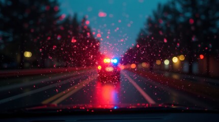 Obraz premium View of flashing police lights seen through a car windshield covered in raindrops at night