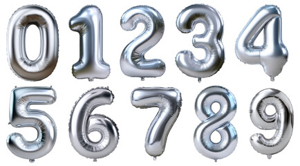 Set of  shiny silver foil balloon numbers from zero to nine