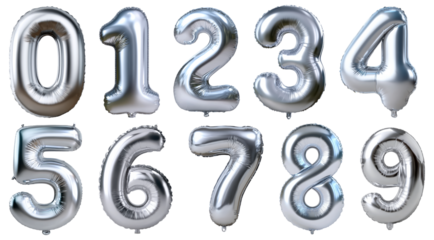 Set of  shiny silver foil balloon numbers from zero to nine