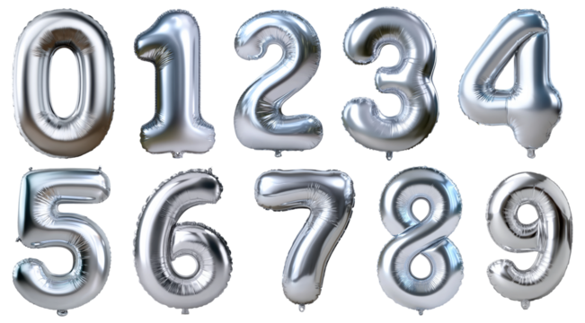 Set of  shiny silver foil balloon numbers from zero to nine