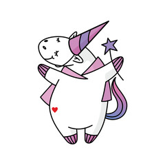 A joyful unicorn character features a colorful horn and a wand, exuding happiness. This whimsical design is perfect for children’s themes and imaginative storytelling
