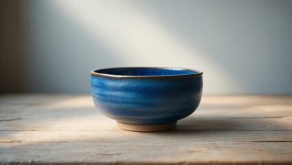 A rustic handmade ceramic bowl with a vibrant blue glaze sits on a weathered wooden surface bathed in soft sunlight