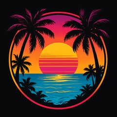 Vibrant Retro Sunset Palm Trees on the Beach