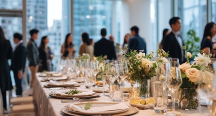 Elegant Corporate Event Banquet Table with Floral Centerpieces and Glassware in Modern Office Space