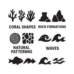 Coral rock patterns waves fish silhouettes shapes formations