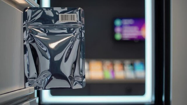 Close up of a hand retrieving a metallic, sealed pouch with a barcode from an automated locker system, possibly indicating a modern and convenient delivery or pickup service