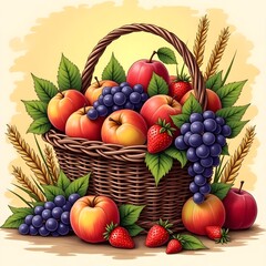 A vibrant wicker basket overflowing with fresh harvest fruits
