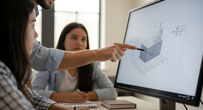 Teamwork on 3D model design: A team of architects or engineers collaborates on a 3D model design displayed on a large monitor.