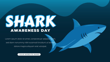 Vector illustration for Shark Awareness Day featuring a bold title, swimming shark graphic, and ocean wave background