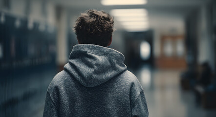 Fototapeta premium Worried teenage boy in gray hoodie standing in school hallway looking anxious and concerned. Student mental health awareness. Educational counseling services