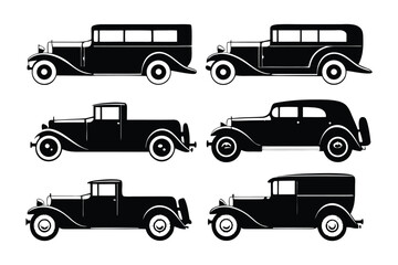 Classic Car Silhouettes: Collection of six vintage car silhouettes, showcasing various body styles from the early automobile era. Perfect for design projects, nostalgic themes.