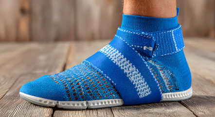 Foot wearing blue medical ankle brace support on wooden floor. Orthopedic injury recovery and physiotherapy treatment. Sports medicine services