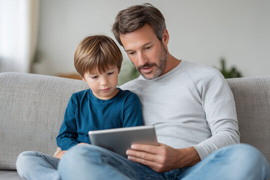 Father and son sitting on sofa exploring alphabet learning app on tablet, family bonding moment,