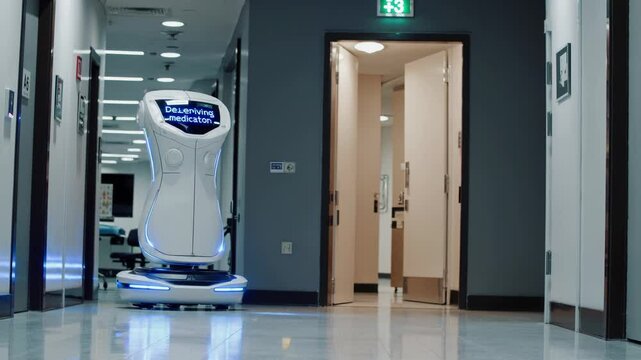 White delivery robot navigating autonomously through hospital corridor, delivering medication while physician observing robotic movement from distance