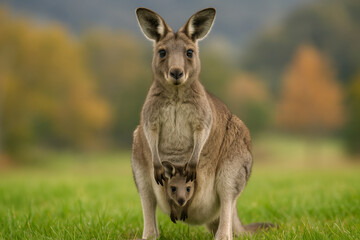 Fototapeta premium Mother kangaroo with joey peeking out of pouch in a grassy field
