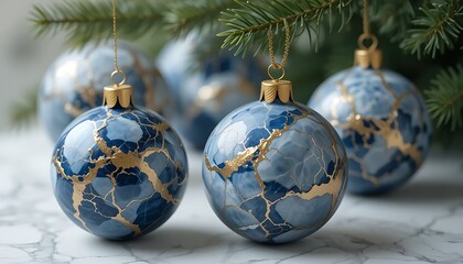 Stylish Marble Christmas Ornaments in Blue and Gold By Sukahati