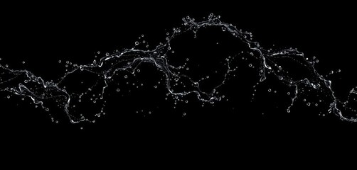 Intricate water spray patterns against a stark black backdrop,  power,  studio