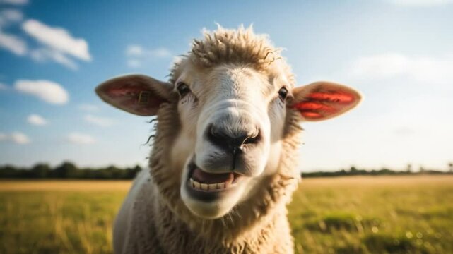 Close-up of a woolly sheep bleating directly at the viewer in a sunny green pasture