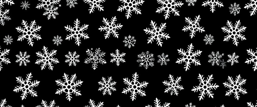 Intricate, unique white snowflakes arranged in a repeating seamless pattern against a black background, digital, seamless - Powered by Adobe