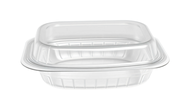 Blank plastic clamshell container suitable for food storage and packaging isolated on transparent background