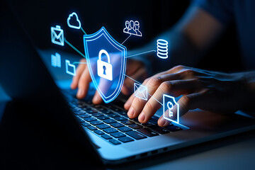 Cybersecurity: Hands Typing on Laptop with Digital Shield and Data Protection Icons