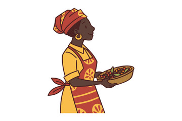 Woman Presenting Bowl of Berries: A smiling woman, wearing a vibrant headscarf and apron, presents a bowl filled with ripe berries. The illustration style is warm and inviting.