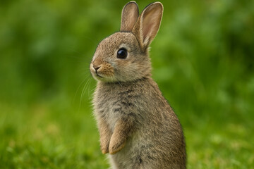Adorable baby rabbit sitting upright in lush green grass with soft focus background