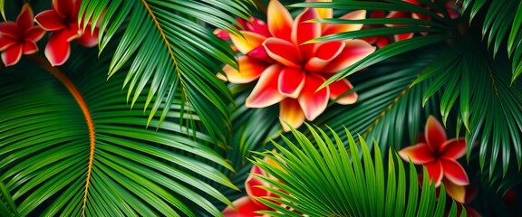 Lush green tropical palm leaves, vibrant exotic floral background, decor, design