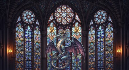 Fototapeta premium Majestic Dragon Sculpture Adorned Within a Grand Gothic Cathedral with Stained Glass Windows