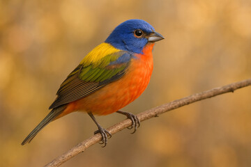 Vibrant painted bunting bird with blue head and orange body perched on a branch