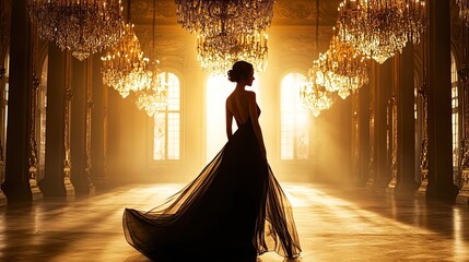Elegant woman in haute couture evening gown walking through a grand hall with chandeliers, long silk dress flowing behind, soft warm light, timeless glamour ideal for luxury fashion brands and red