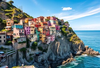 Manarola's colorful houses cling to cliffs overlooking the Ligurian Sea, Cinque Terre, Italy, summer, view