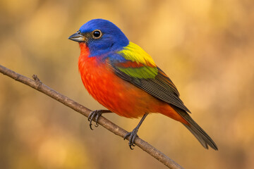 Vibrant painted bunting perched on a branch with a soft golden background