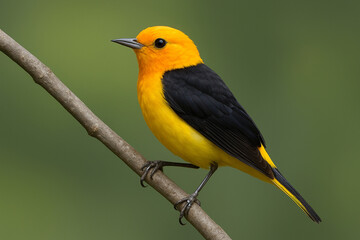 Fototapeta premium Vibrant yellow and black bird perched on a textured branch with a soft green background