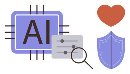 AI processor chip, control sliders, magnifying glass, heart, and shield symbolizing innovation, ethics, security, and functionality. Ideal for AI technology safety love management research