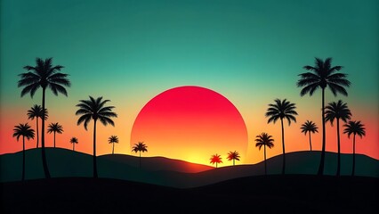 Vibrant Tropical Sunset Silhouette: Palm Trees, Hills, and a Large, Red Sun at Dusk.